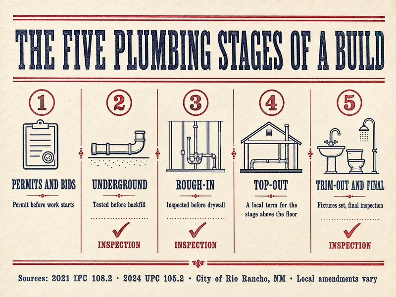 Letterpress-style chart titled The Five Plumbing Stages of a Build: 1 Permits and bids, permit before work starts; 2 Underground, tested before backfill, inspection; 3 Rough-in, inspected before drywall, inspection; 4 Top-out, a local term for the stage above the floor; 5 Trim-out and final, fixtures set, final inspection, inspection. Source line: 2021 IPC 108.2, 2024 UPC 105.2, City of Rio Rancho, NM, local amendments vary