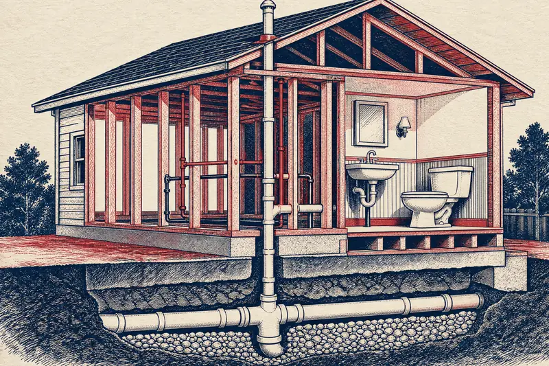 Cutaway drawing of a house being built, showing a drain line in a gravel trench under the slab, supply and vent piping in bare stud walls, the vent leaving through the roof and one finished corner with a sink and toilet